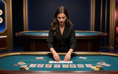 Elegante Blackjack-Dealerin am Live-Tisch mit t&uuml;rkis-goldenem Licht im OnlySpins Live Casino