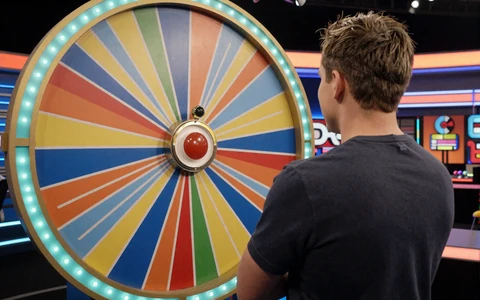 Game-Show-Host am gro&szlig;en Gl&uuml;cksrad im Crazy-Time-Stil im OnlySpins Live Casino online