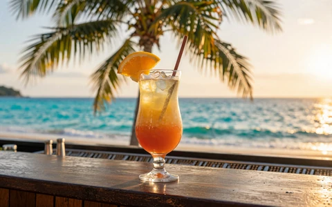 Tropischer Cocktail an der Strandbar im goldenen Sonnenuntergang als Symbol f&uuml;r den OnlySpins Willkommensbonus