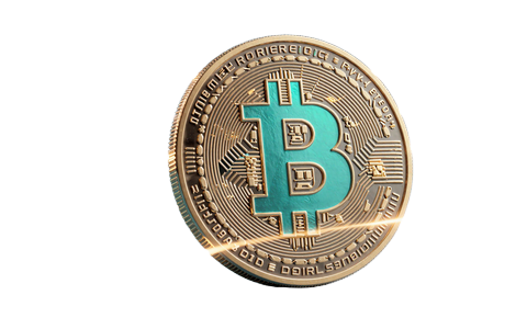 Bitcoin-M&uuml;nze mit t&uuml;rkis-goldenem Blitz als Symbol f&uuml;r schnelle Krypto-Auszahlungen bei OnlySpins