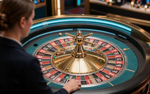 Live-Roulette-Tisch mit eleganter Dealerin und t&uuml;rkis-goldenem Licht im OnlySpins Live Casino online