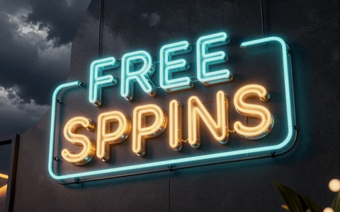 T&uuml;rkis-goldenes Neon-Schild mit der Aufschrift FREE SPINS als Symbol f&uuml;r den Free Spins Friday bei OnlySpins