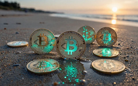 Leuchtende Bitcoin- und USDT-M&uuml;nzen auf nassem Sand mit t&uuml;rkisem Licht f&uuml;r den OnlySpins Krypto-Bonus
